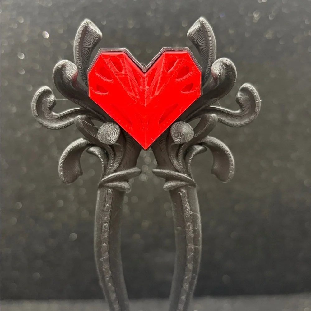 Gothic Red Heart Hair Sticks – Black Ornate Filigree Updo Accessory